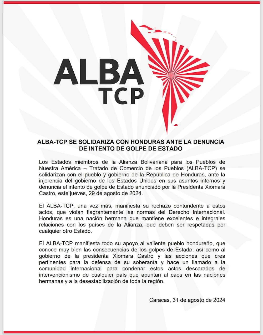 ALBA-TCP se solidariza con el pueblo y gobierno de Honduras