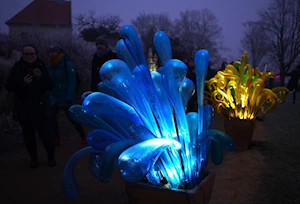 Espectaculares flores de vidrio iluminan el Jardín Botánico de Praga, República Checa, en la exposición 'Crystal Garden'